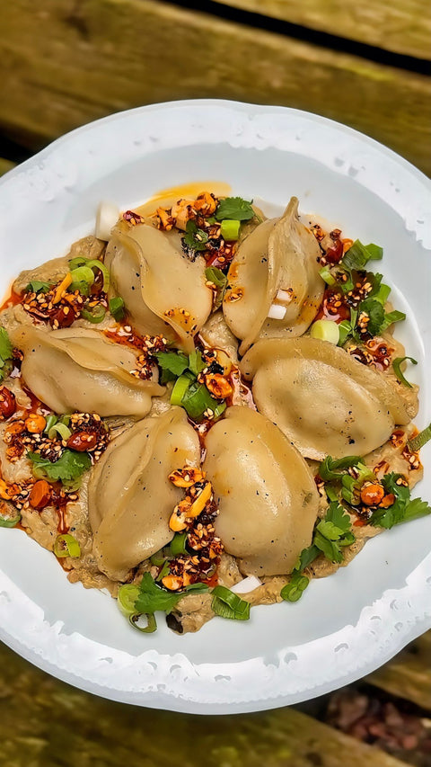 Lamb Dumplings & Smoky Aubergine Dip