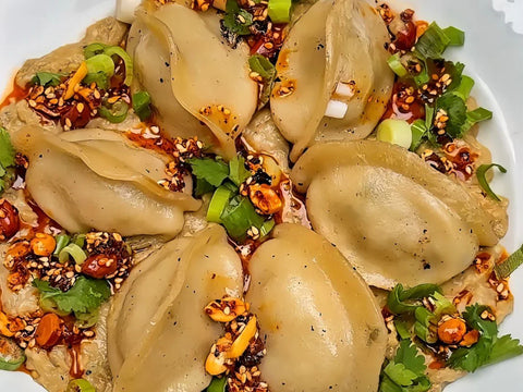 Lamb Dumplings With Smoky Aubergine Dip