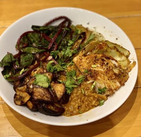 Ancient Grains with Charred Tomato, Marinated Mushrooms, Aubergine & Roasted Cabbage