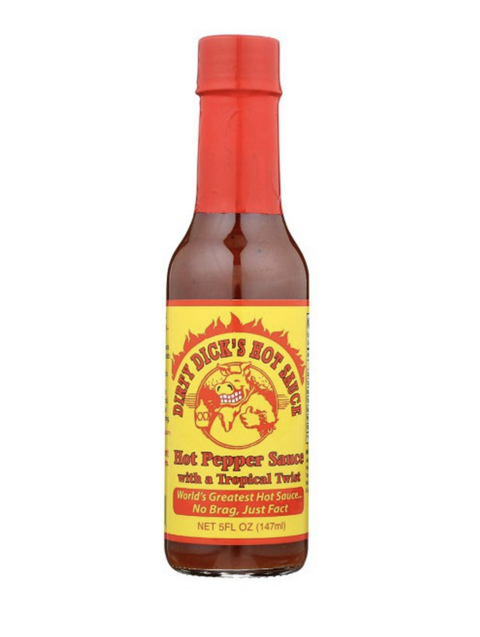 dirty dick's hot sauce bottle with sweet and spicy blend of habanero, mango, banana, and brown sugar. vegan, gluten-free, and all-natural ingredients.