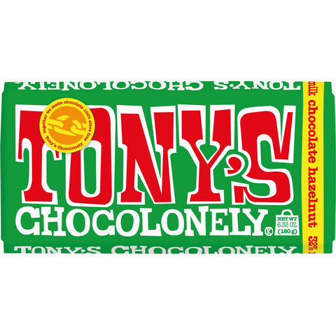 tony chocolonely milk hazelnut 180g creamy milk chocolate with crunchy hazelnuts