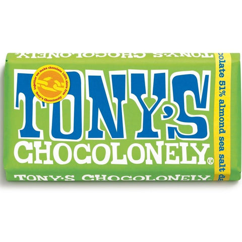 tony chocolonely dark chocolate 51% with almonds and sea salt 180g chocolate bar