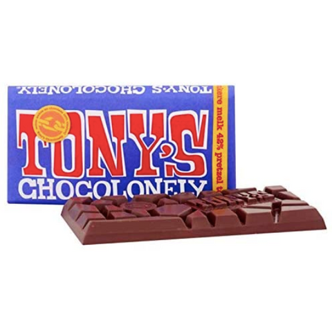 tony chocolonely dark milk chocolate pretzel toffee bar with sweet and salty crunch